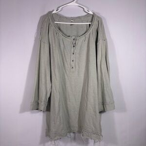 Free People Intimately Sage Green Distressed Oversized Henley Top Size XL